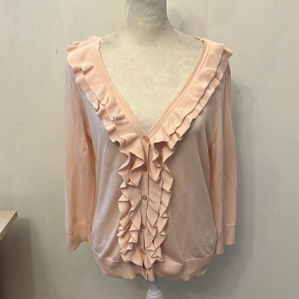 Talbots Collection pima cotton pale pink ruffle front cardigan Size SP EUC